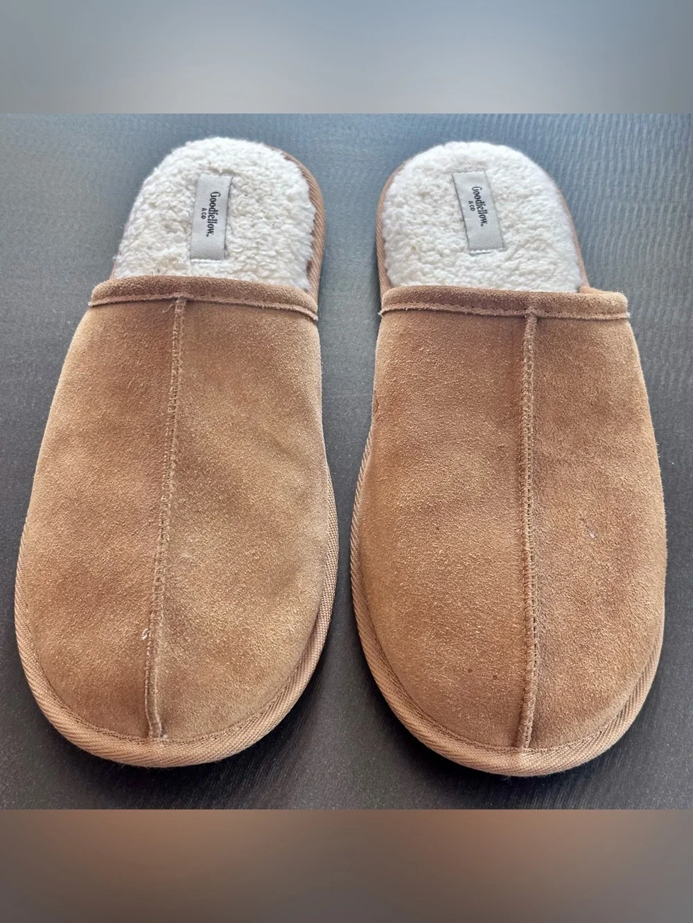 Goodfellow & Co Brown Suede Leather Mule Slippers Men’s XL 13/14 Cozy Faux Fur